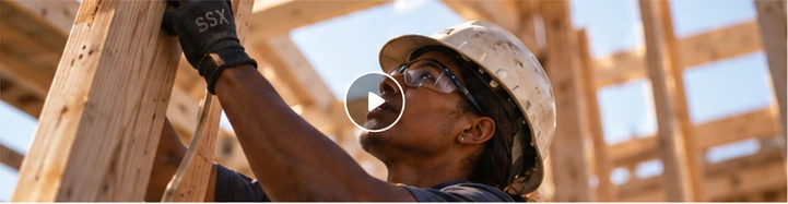 A construction worker learning to build timber framing