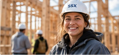 A construction professional smiling at a sunlit job site