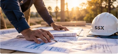 Construction professionals reviewing architectural plans