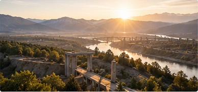 Golden sunrise over mountains and a river valley